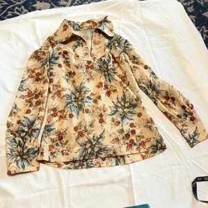 70s Floral Polyester Blouse Puff Sleeve Pointed Collar Vintage Top Size Small